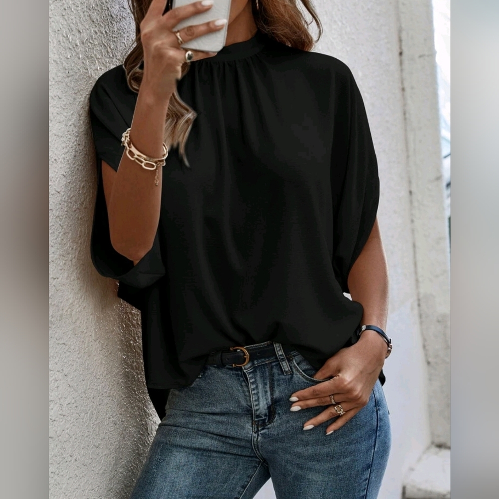 New Flowy Tie Top Blouse Dolman Short Sleeve Black